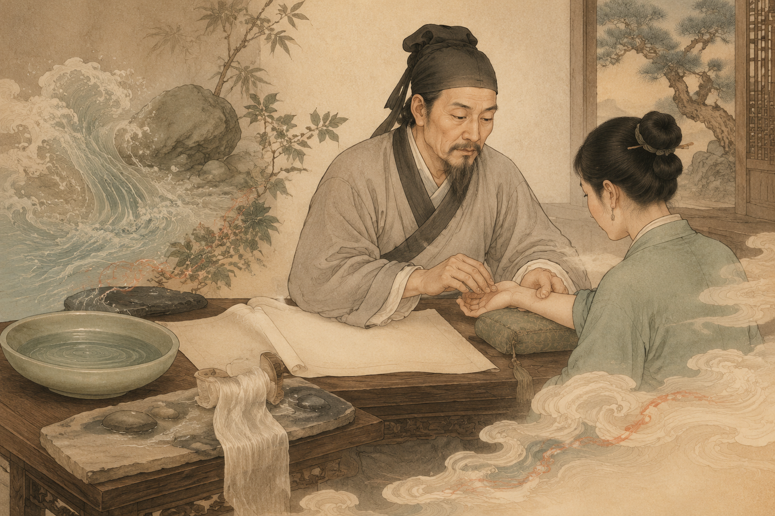 医者借水纹丝线石与雾意象辨脉形虚实的古典场景