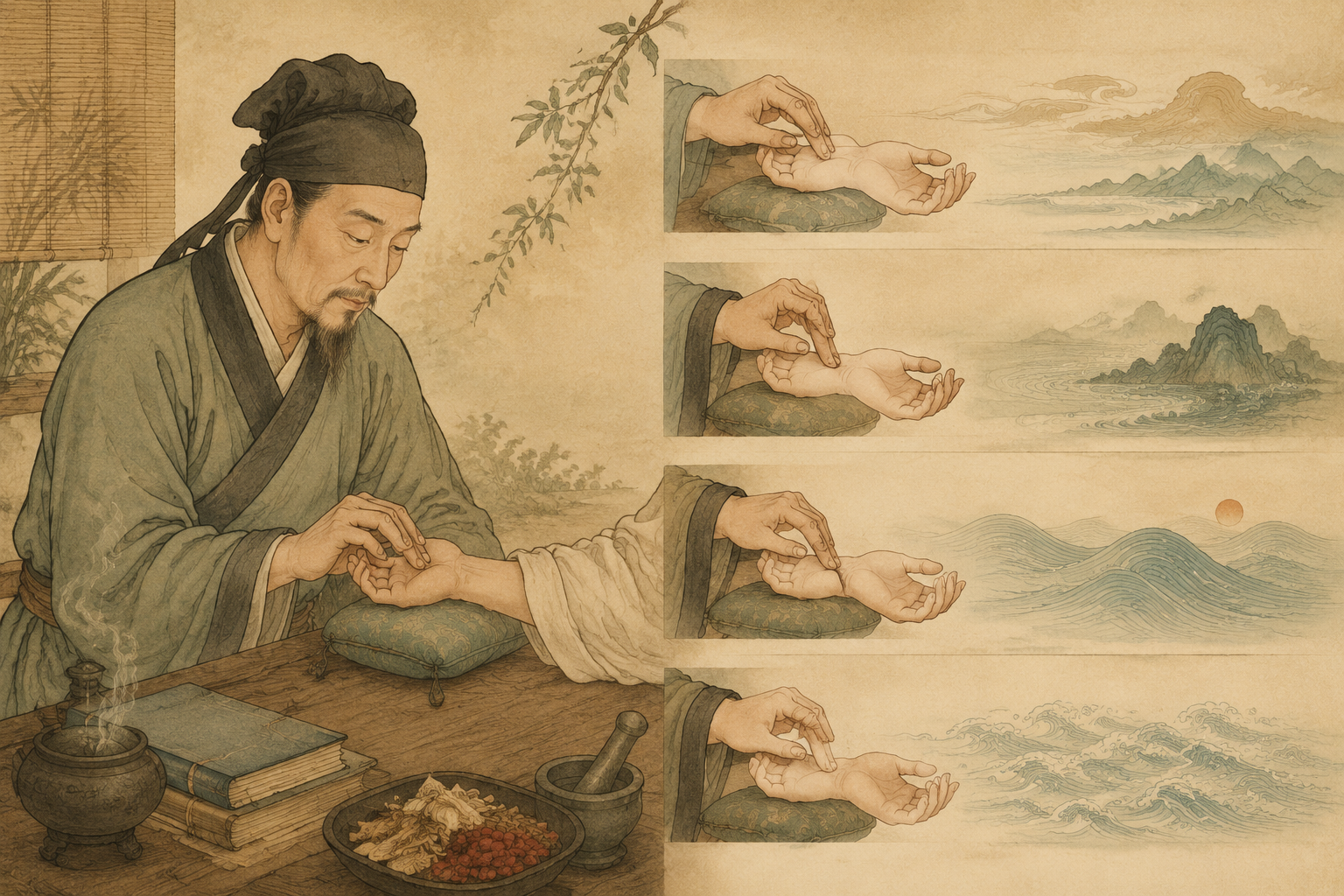 医者以举按轻重辨浮沉迟数四脉的古典场景