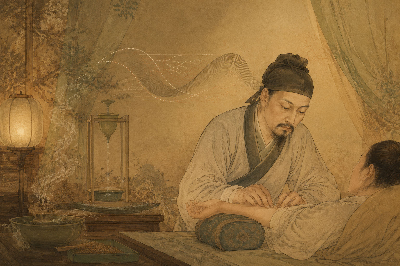 医者在灯下辨散细伏动促结代等止歇脉象的古典场景