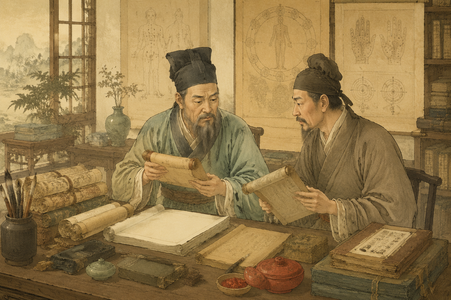 李时珍式医者在书房考证脉诀源流与脉位争议的古典场景