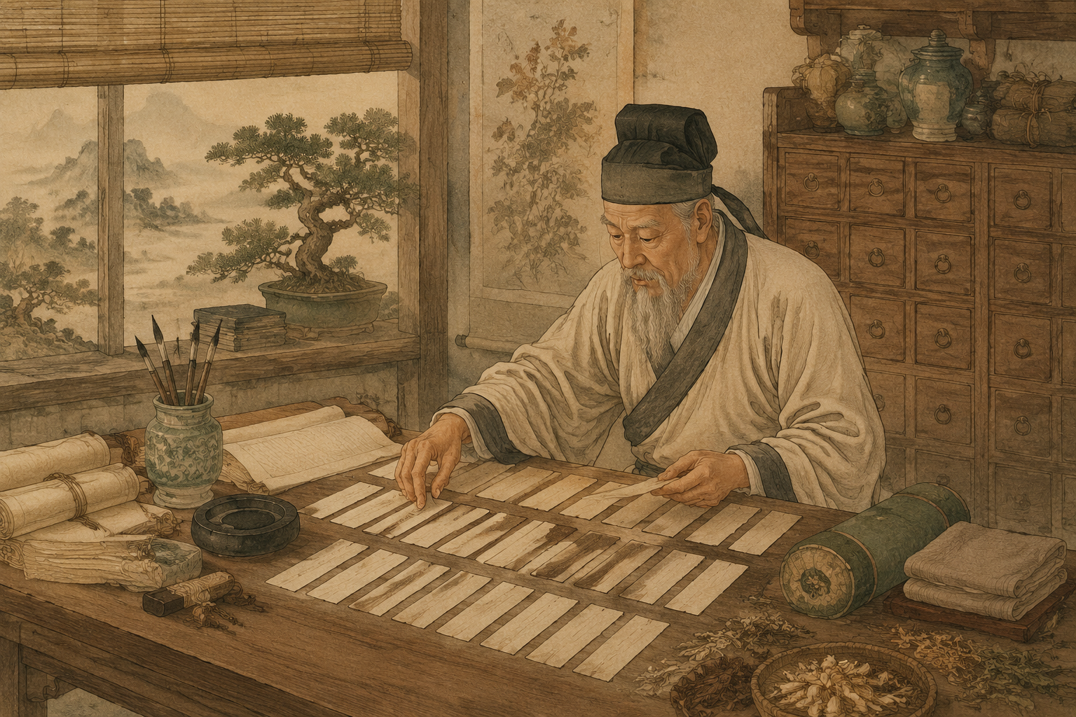李时珍在书房中整理濒湖脉学脉法纲目的古典场景