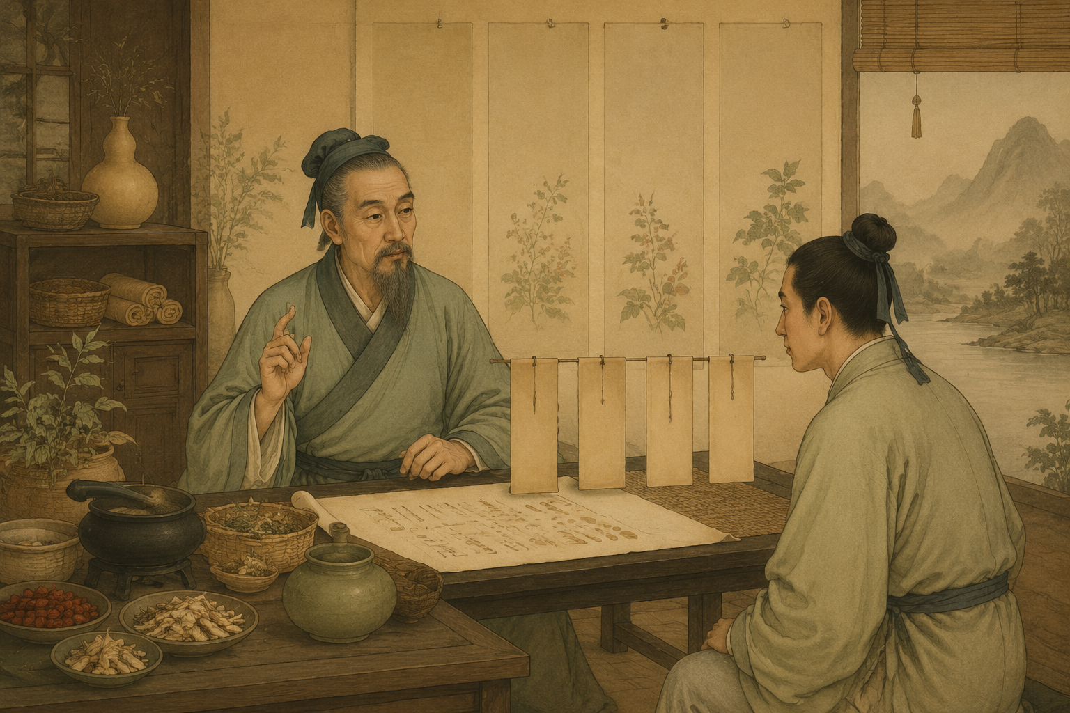 医者在书斋中以歌诀总括脉理并讲授弟子的古典场景