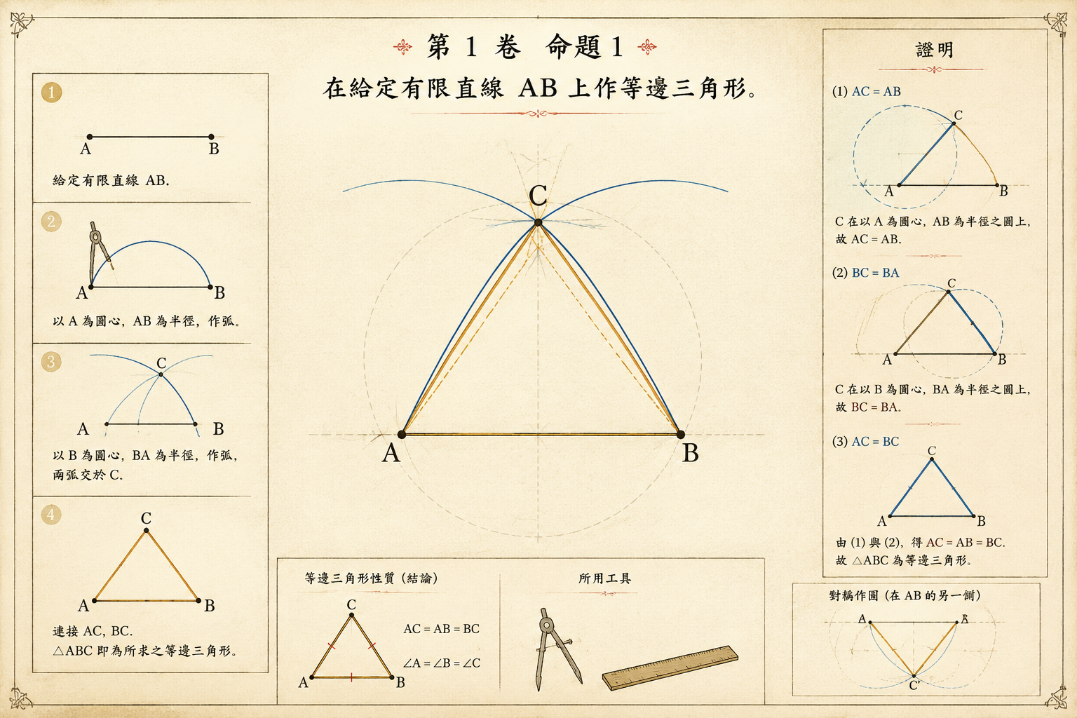 几何原本 第1卷命题 1 · 在给定有限直线上作等边三角形 插图