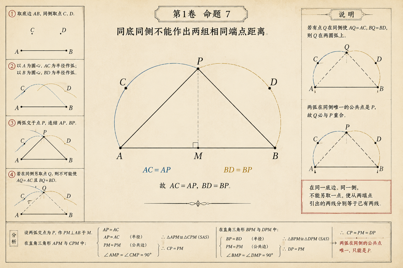 几何原本 第1卷命题 7 · 同底同侧不能作出两组相同端点距离 插图