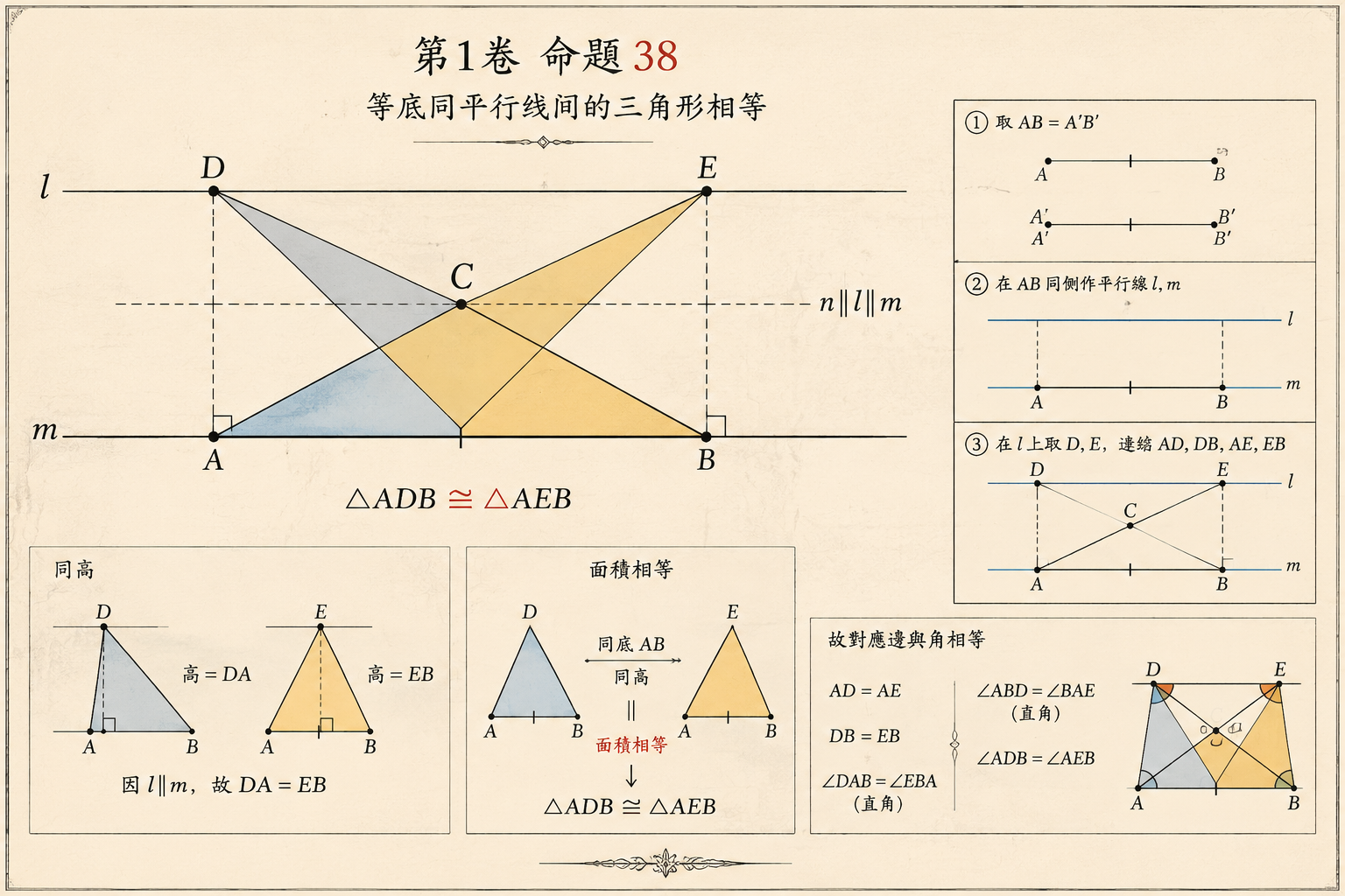 几何原本 第1卷命题 38 · 等底同平行线间的三角形相等 插图