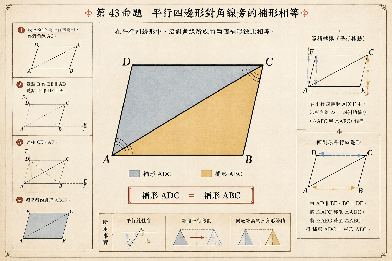几何原本 第1卷命题 43 · 平行四边形对角线旁的补形相等 插图