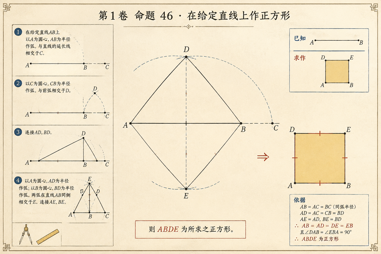几何原本 第1卷命题 46 · 在给定直线上作正方形 插图