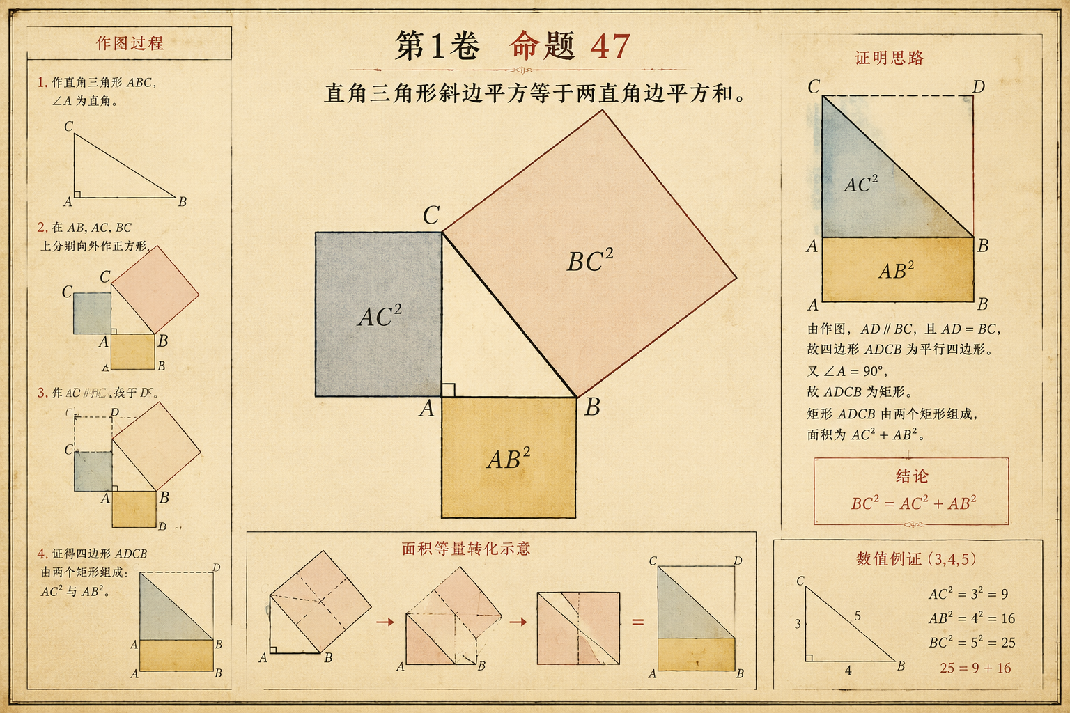 几何原本 第1卷命题 47 · 直角三角形斜边平方等于两直角边平方和 插图