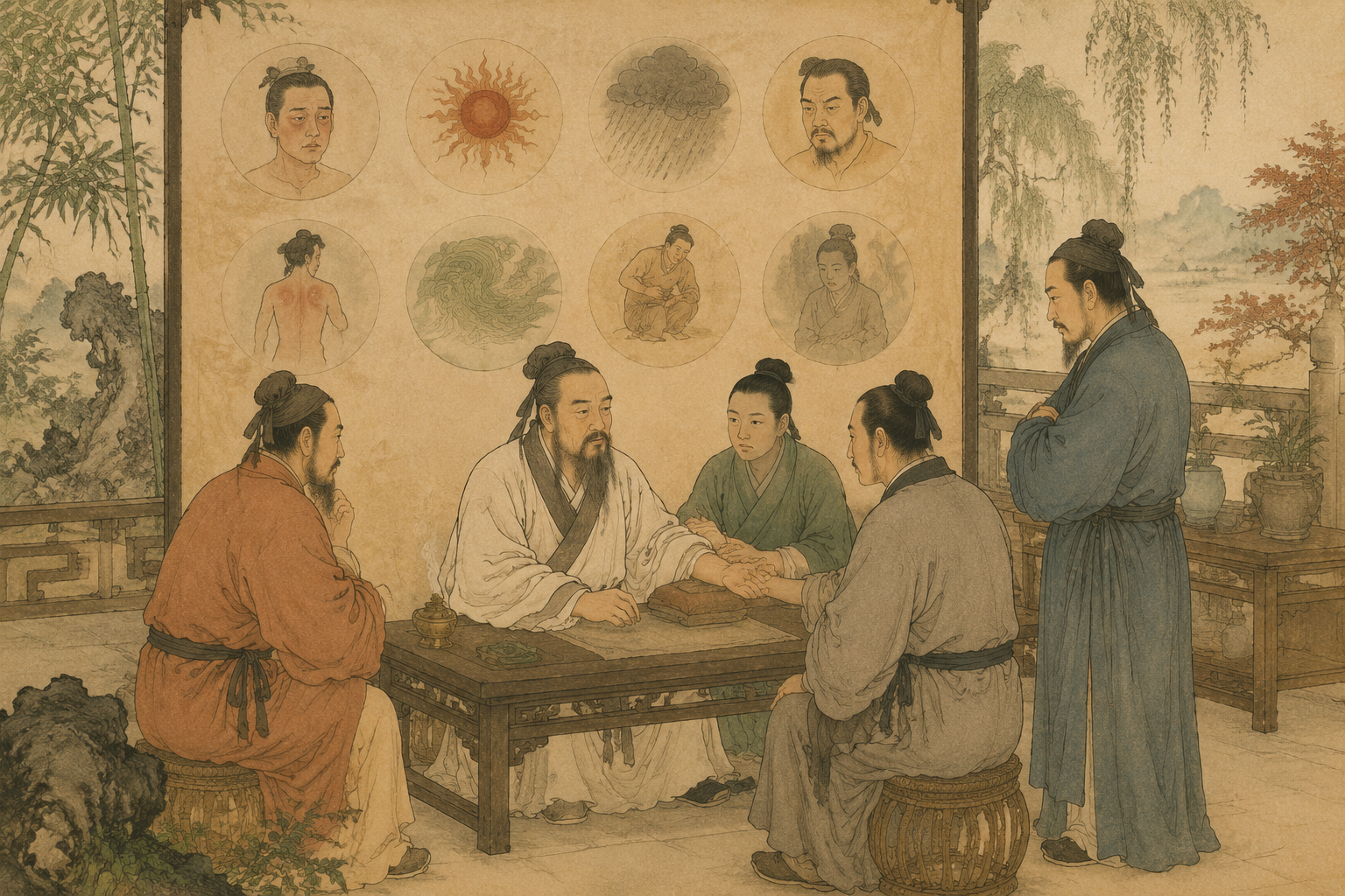医者从邪气、藏府病形、痛热杂病等辨别病候的古典场景