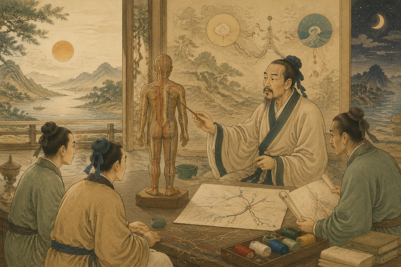 医者讲授经脉、络脉、营气和卫气运行的古典场景