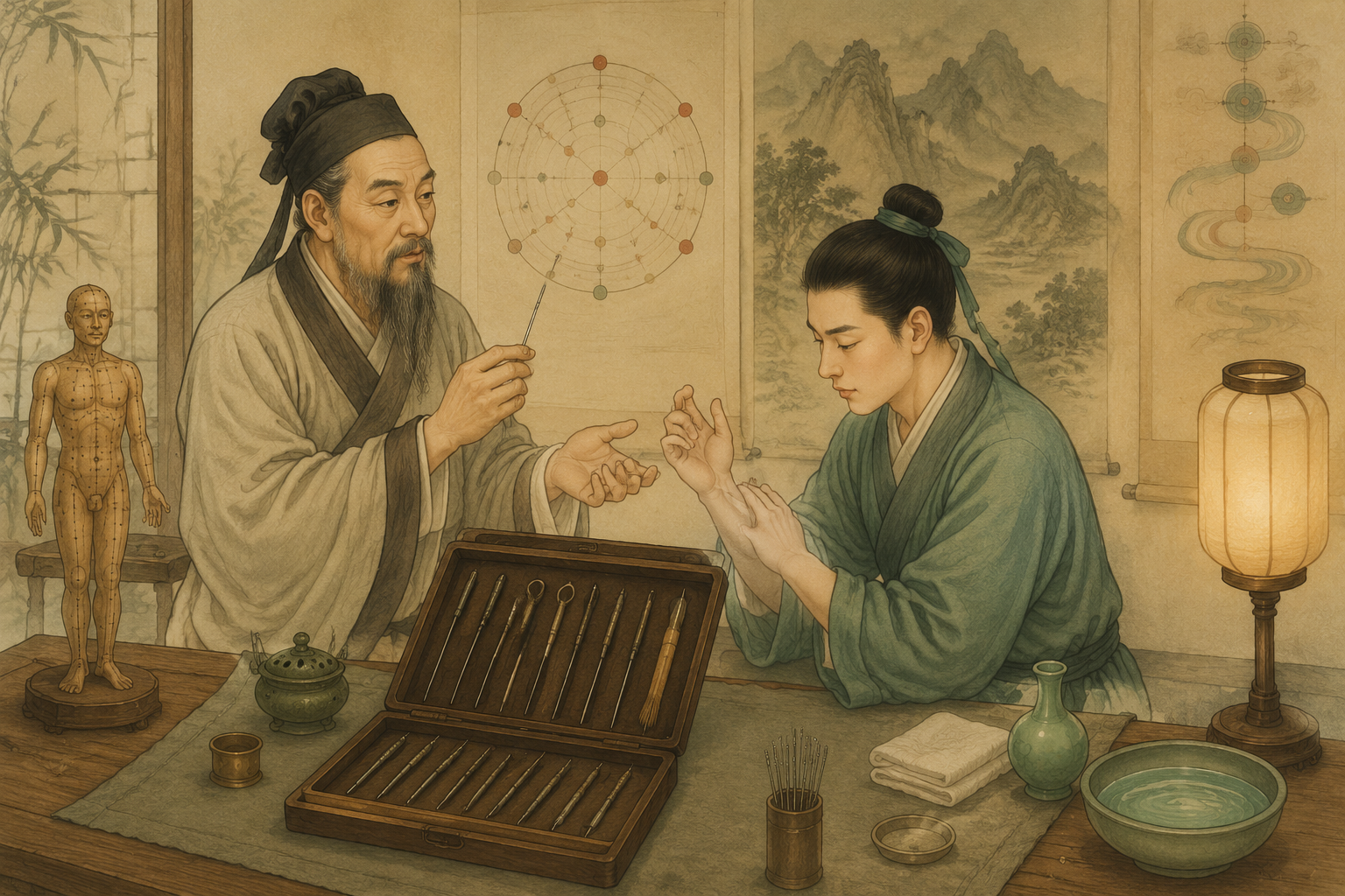古代针法教学中陈列九针和木人模型的场景