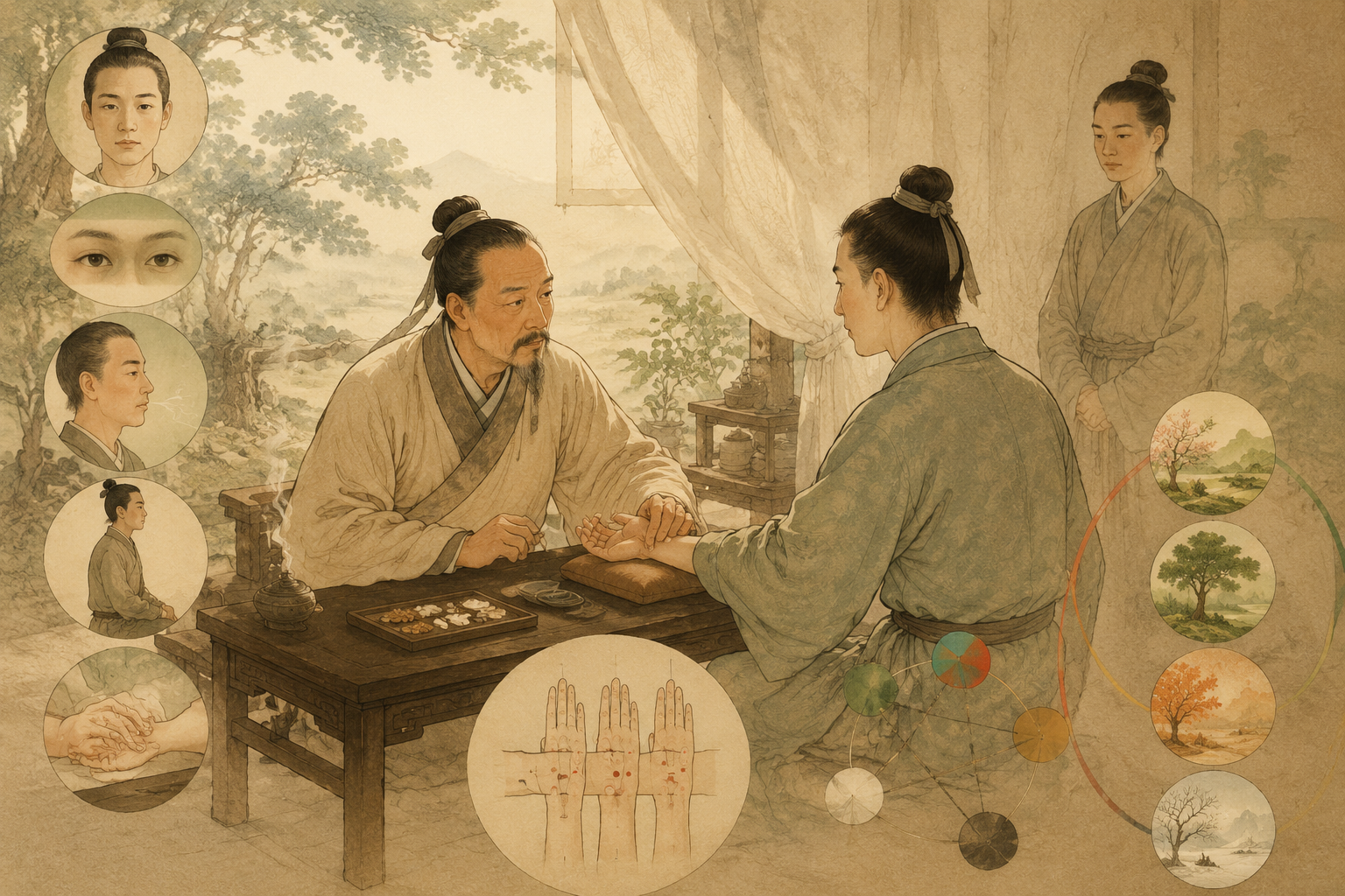 医者从脉象、面色、神气与三部九候辨证的古典场景