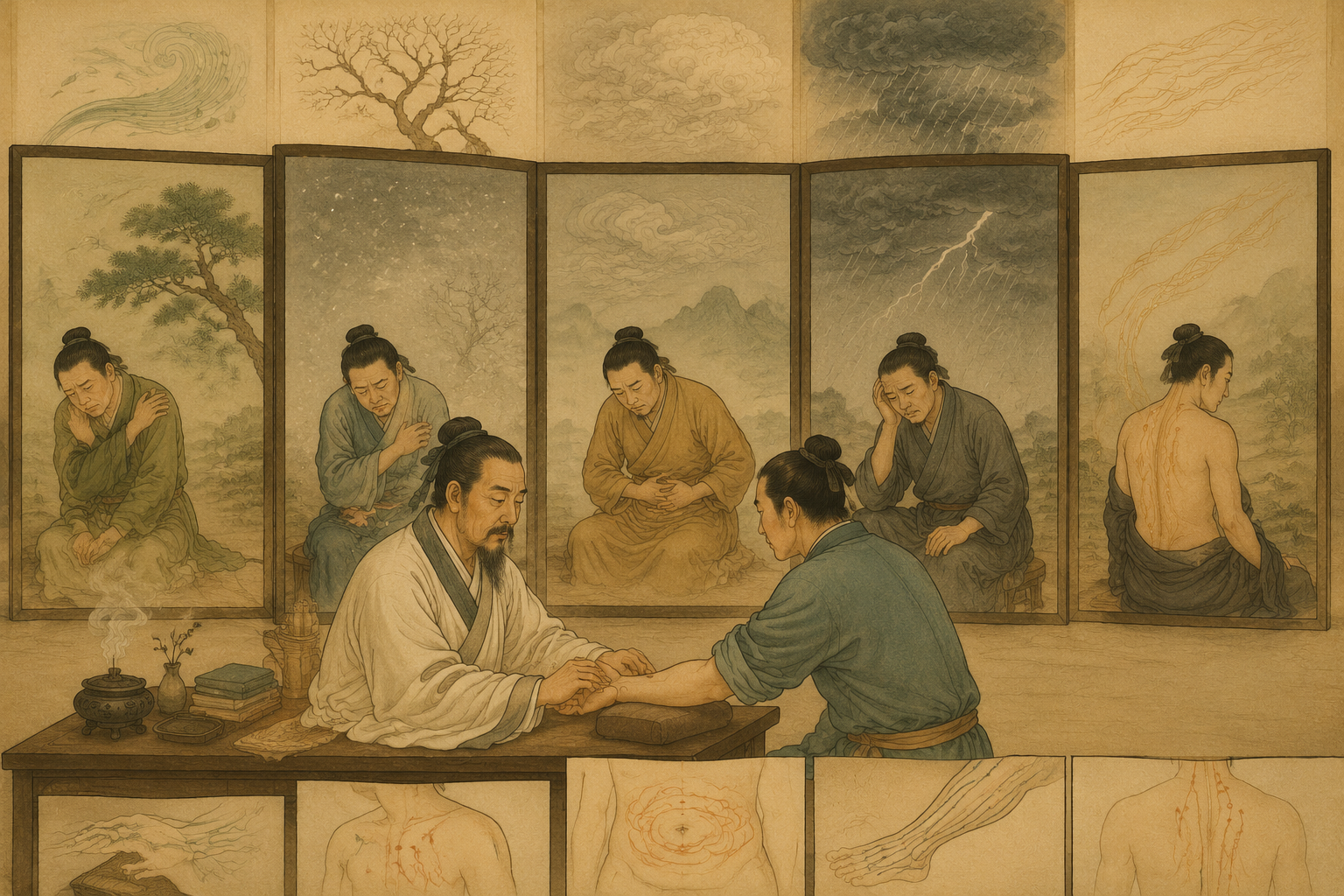 医者比较风、痹、痿、厥、痛等病证和经络牵连的古典场景