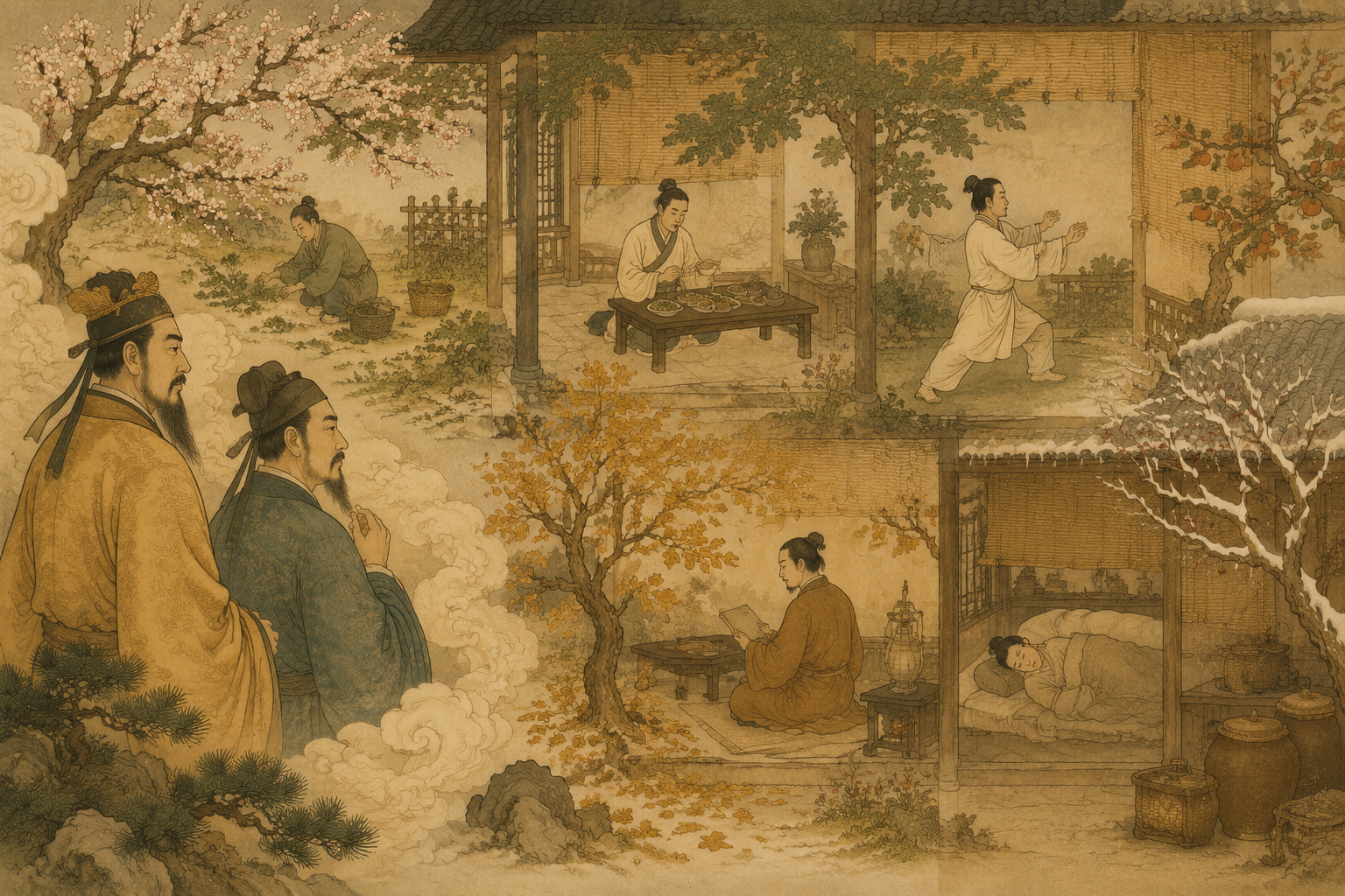 黄帝与岐伯观察四时节律和养生之道的古典场景