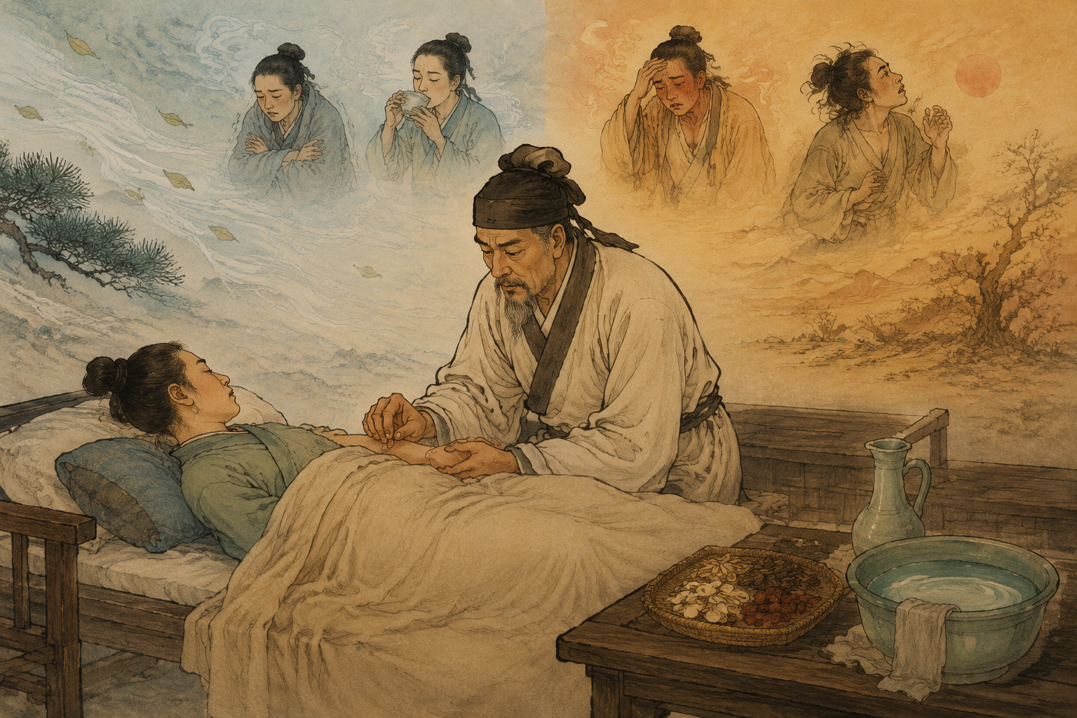 汗后寒热、烦渴与脉象分歧需要重新辨证的古典场景