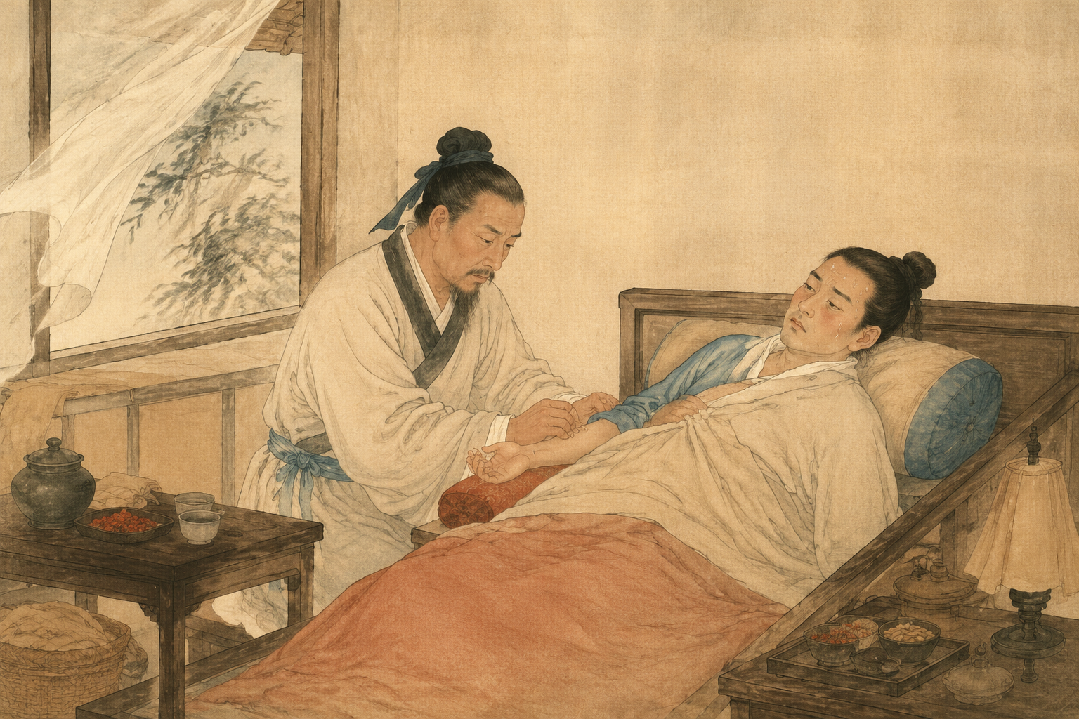 医者据脉象和外证判断伤寒纲领的古典场景