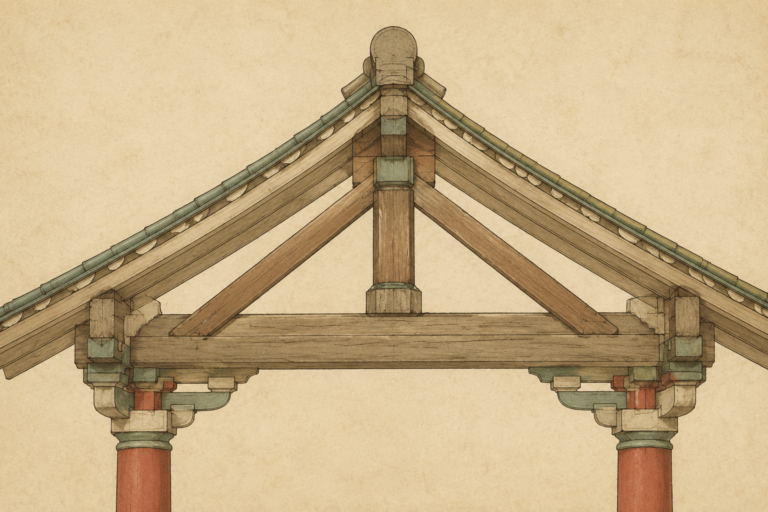 斜柱:屋架顶上的叉手斜撑
