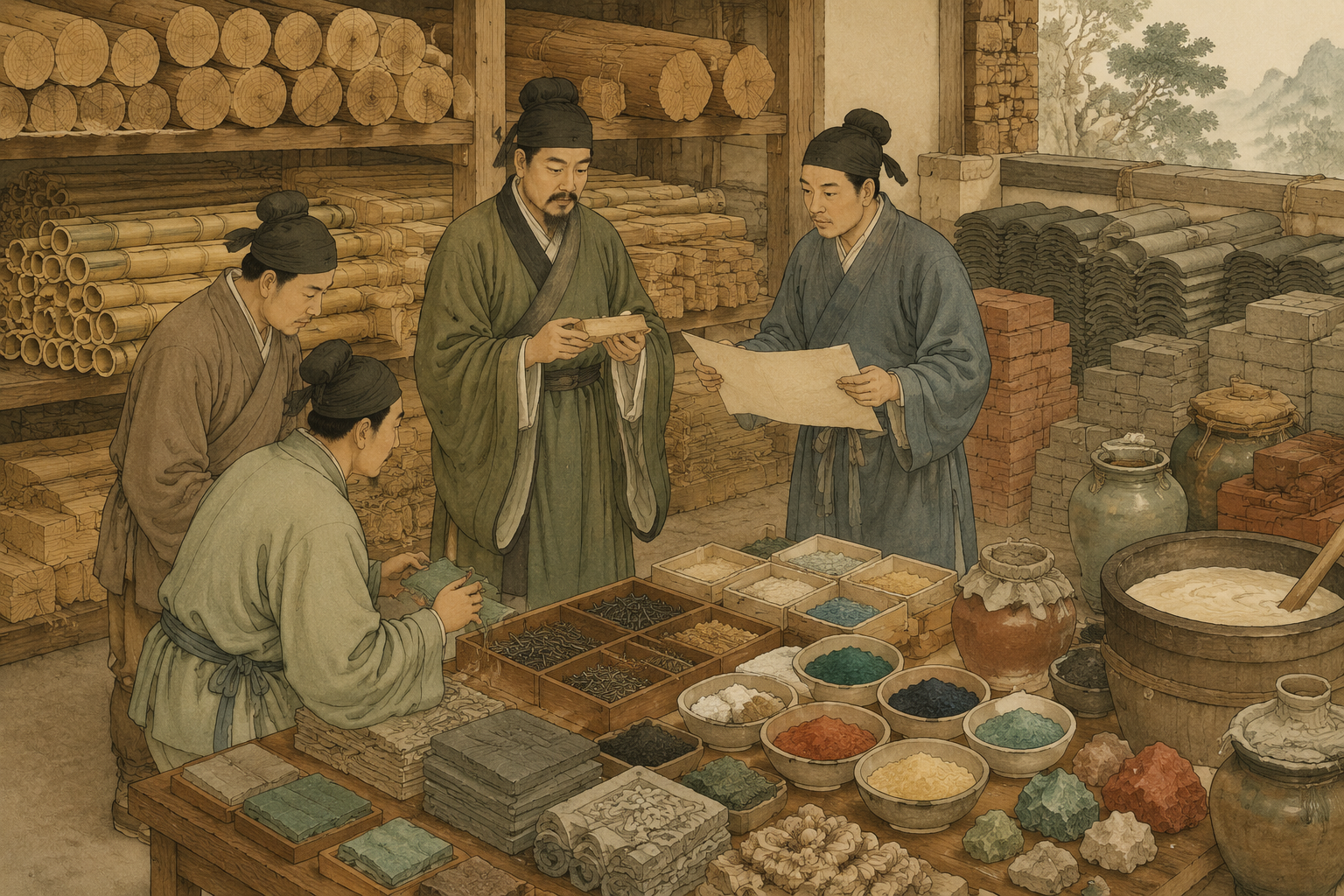 宋代料库中木材瓦砖颜料和钉胶等材料分类陈列的古典场景