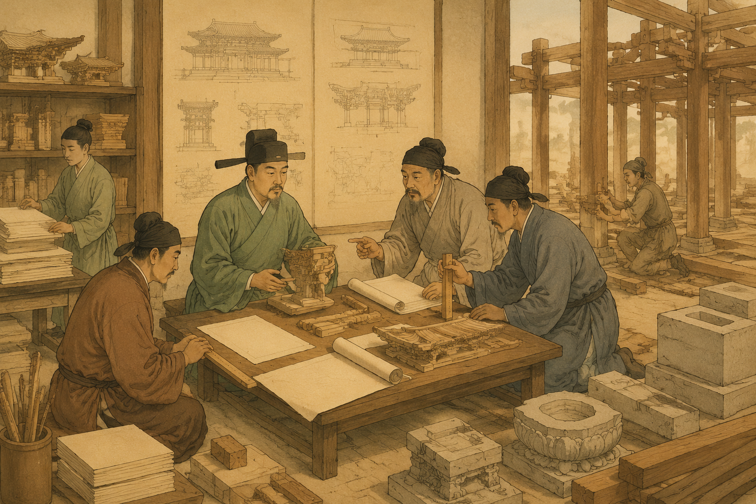 北宋官员与工匠在案前校定营造名物尺度和法式的古典场景