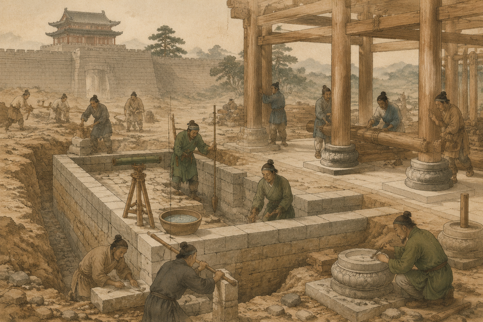 工匠以规矩、水准定基址，旁列柱础、踏道、压阑、流杯渠诸石作样件