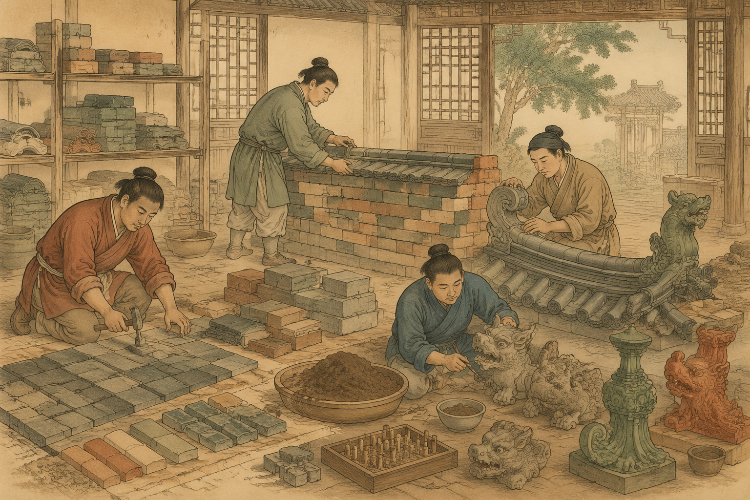板瓦、筒瓦、鸱尾、兽头与墙、灶、画壁等砖瓦泥作样件