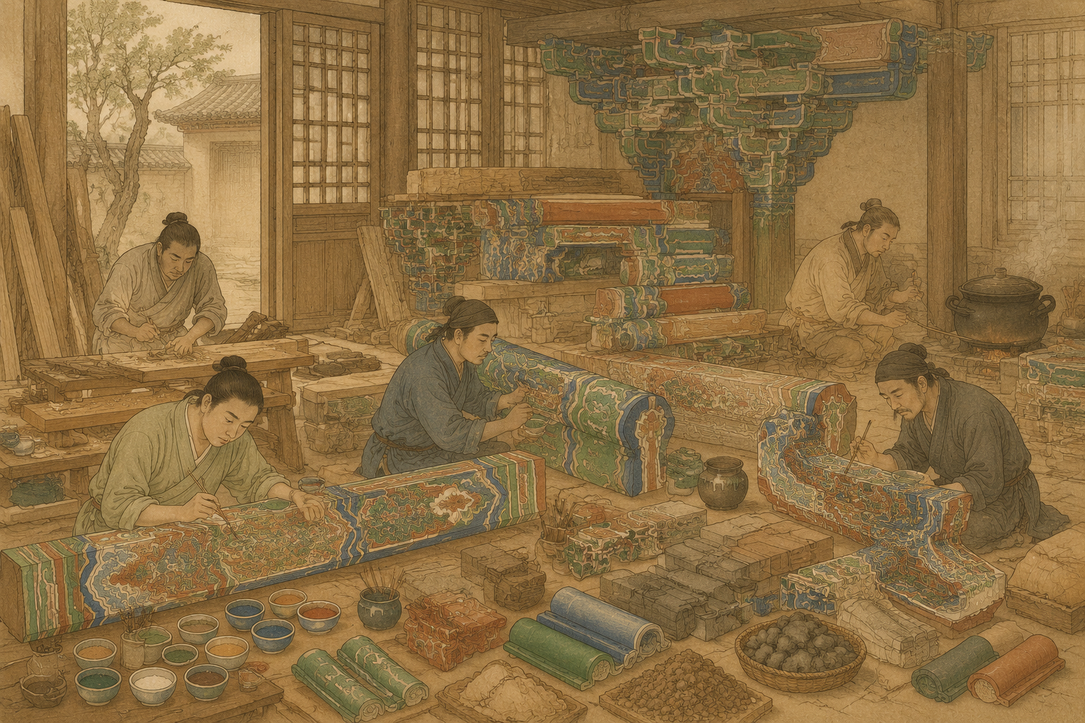 梁、栱、椽、檐施五彩遍装、碾玉装与青绿叠晕棱间装之彩画图样
