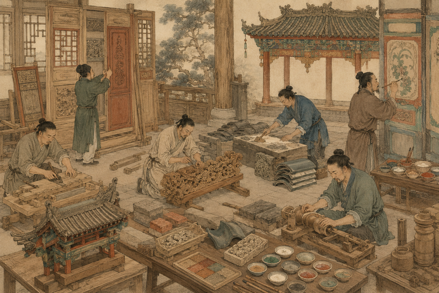 工匠在宋代作坊中展示小木、瓦、泥、砖和彩画样件的古典场景