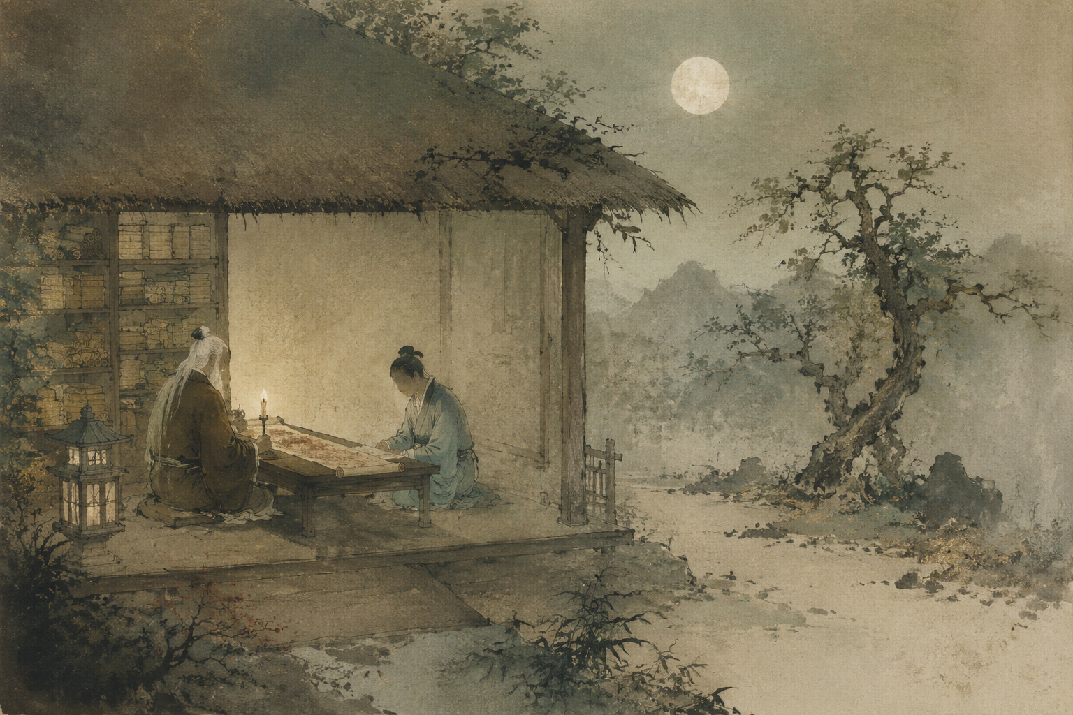 程婴白发苍颜抚养赵孤十六年，对灯展手卷诉冤