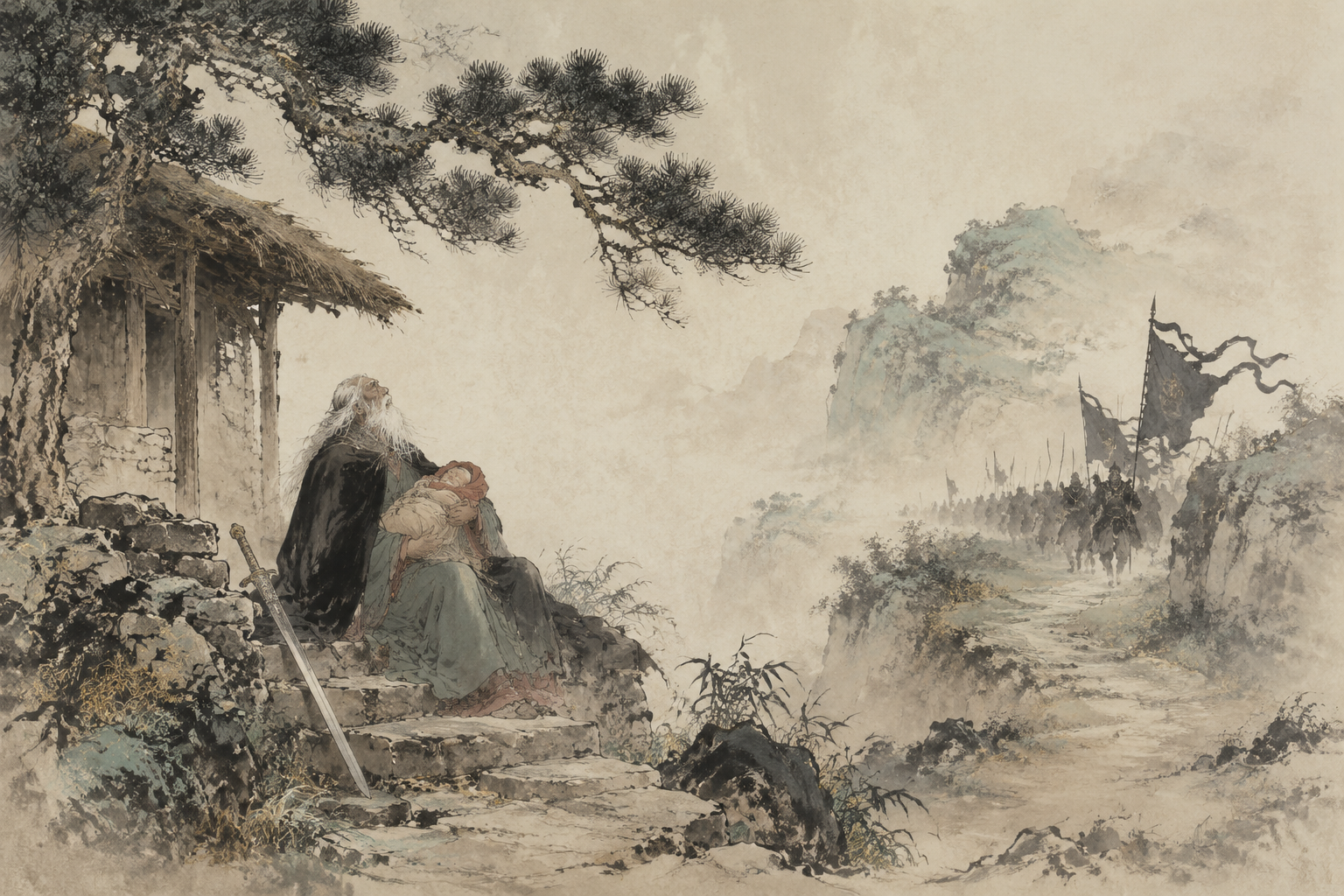 公孙杵臼荒山草庐怀抱假孤儿，从容赴死